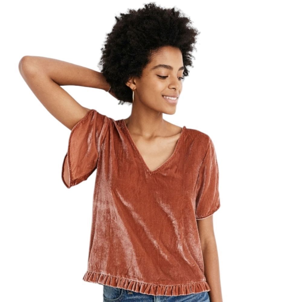 Madewell Velvet Tulip Sleeve Ruffle Hem Blouse Afterglow Red Size Small